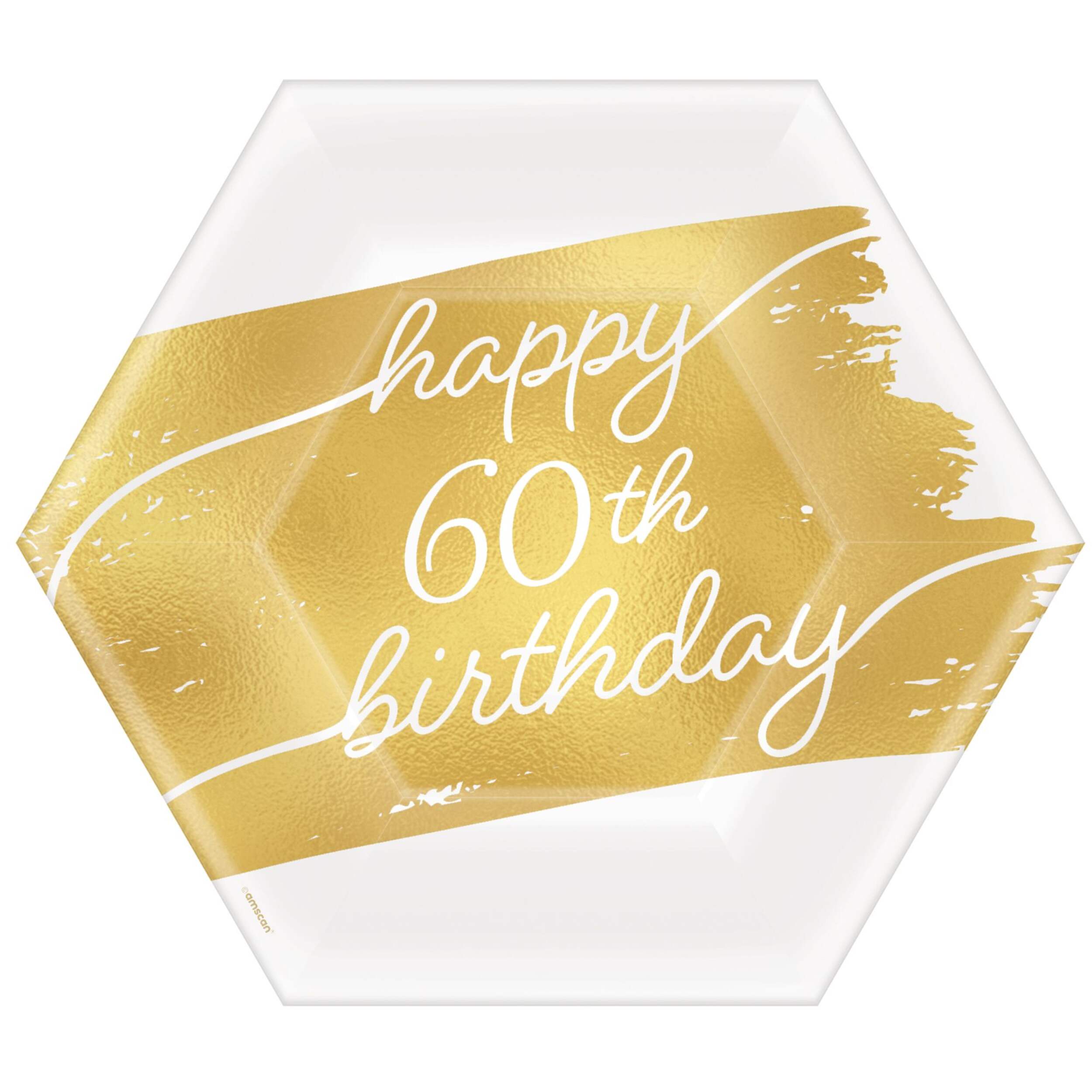 Golden Age "Happy 60th Birthday" Hexagon Paper Disposable Dessert Plates, Gold/White, 7-in, 8-pk, for Milestine Birthday Overhead_Flat