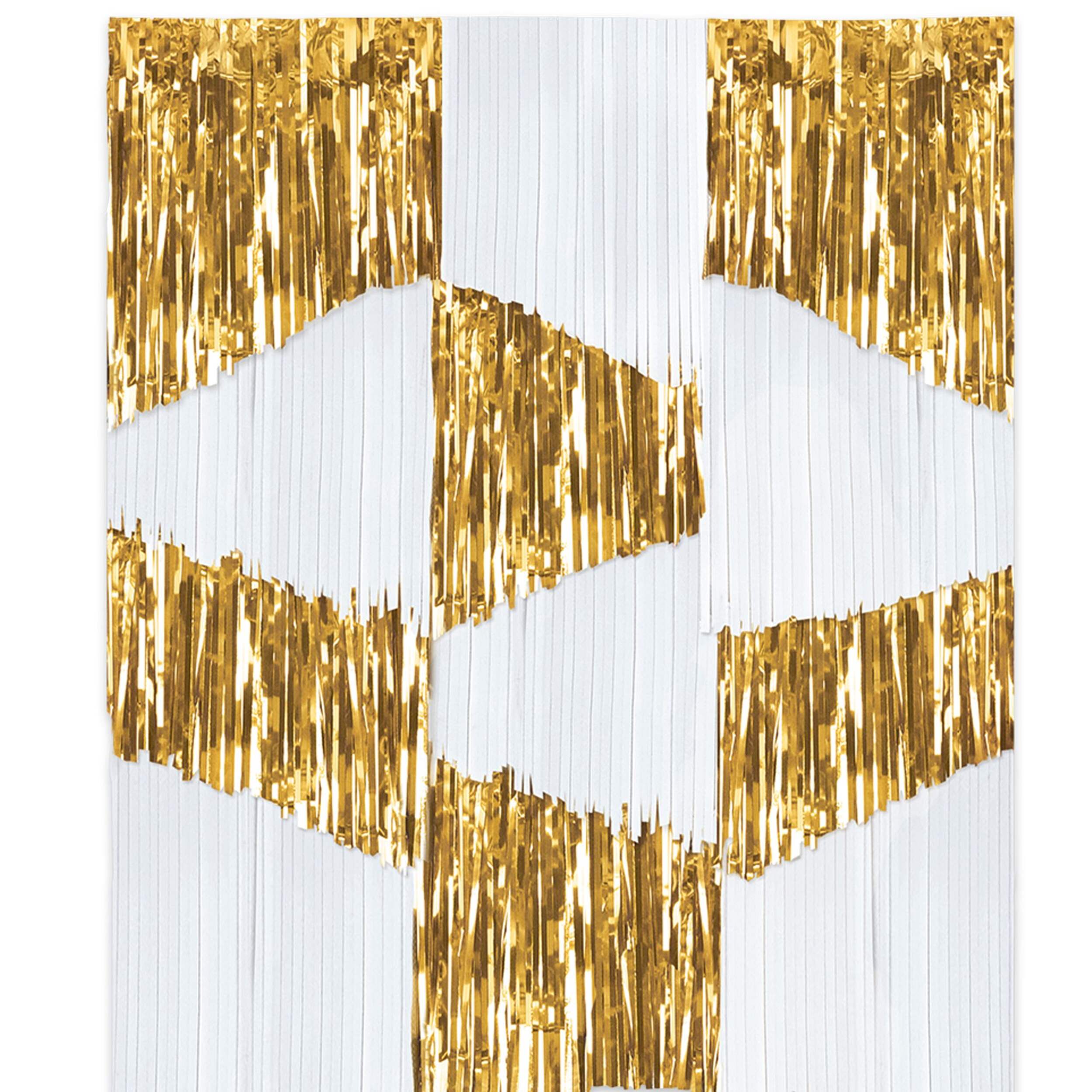 Golden Age Plastic Fringe Scene Setter Background Decoration, Gold/White, 14-in, for Birthday Party Front_Flat