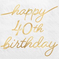 Golden Age "Happy 40th Birthday" Square Paper Disposable Beverage Napkins, Gold/White, 5-in, 16-pk, 2-ply, for Milestine Birthday