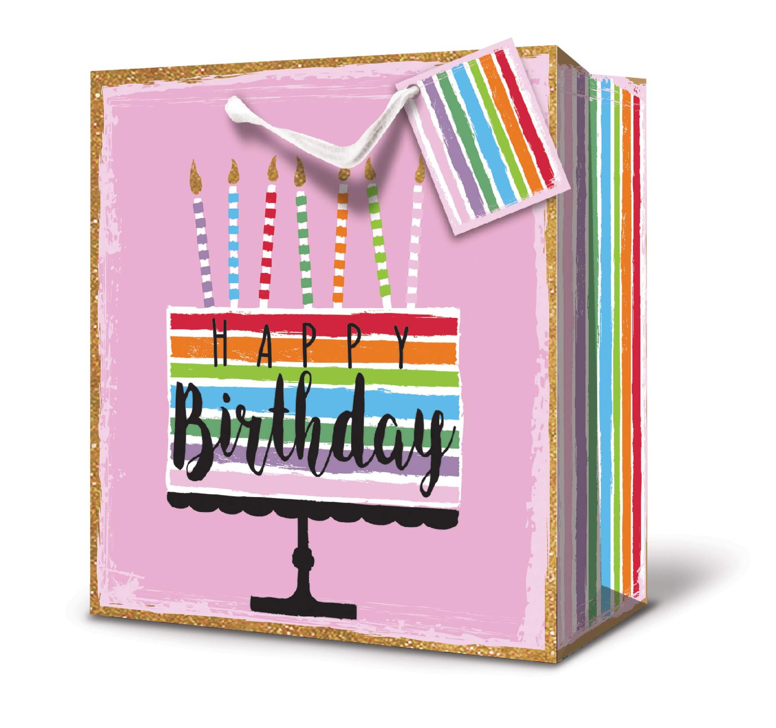 "Happy Birthday" Cake Extra Deep Paper Gift Bag, Pink, 15-in, for Birthday Party Front_Angled_Left