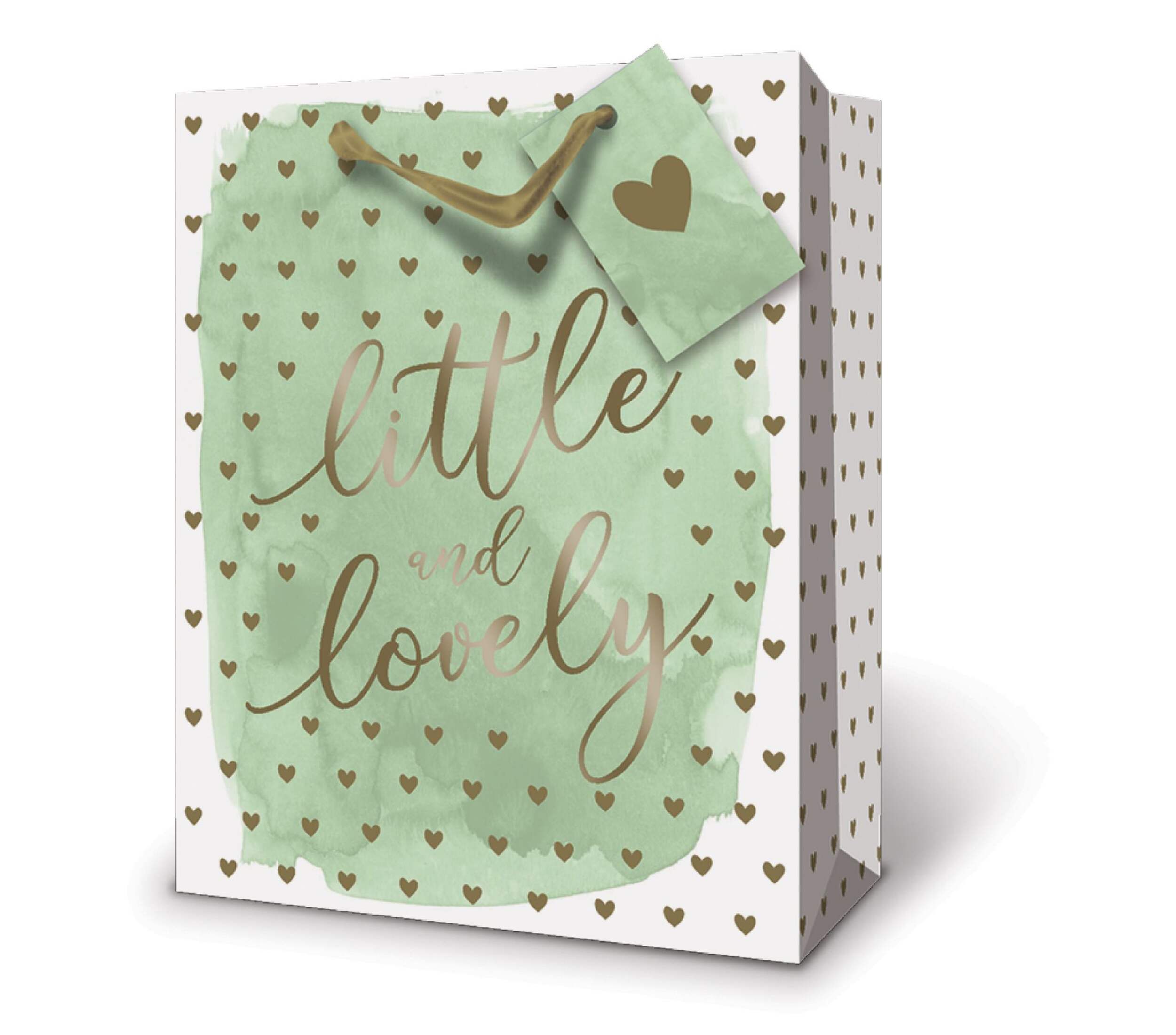 "Little & Lovely" Paper Gift Bag, Green/Gold, Hearts 10-in, for Baby Shower/Gender Reveal Front_Angled_Left