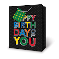 "Happy Birthday to You" Paper Gift Bag, Black/Multi-Coloured, 12.5-in, for Birthday Party Front_Angled_Left