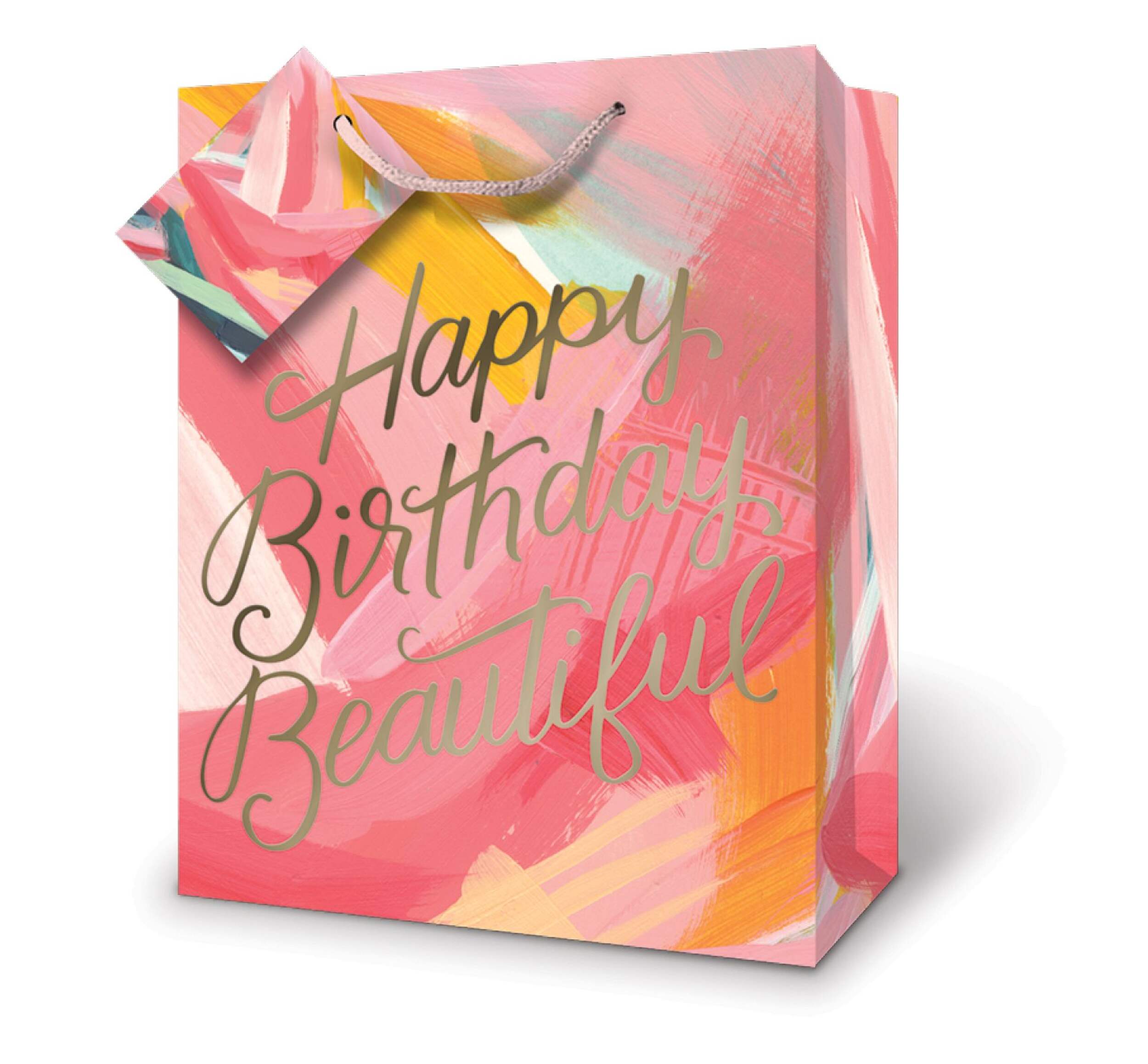 "Happy Birthday Beautiful" Paper Gift Bag, Pink/Gold, 12.5-in, for Birthday Party Front_Angled_Left