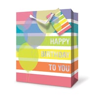 "Happy Birthday to You" Paper Gift Bag, Multi-Coloured, Striped, 12-in, for Birthday Party Front_Angled_Left
