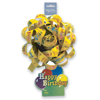 "Happy Birthday" Gift Wrapping Bow with Tag, Yellow, 6-in, for Birthday Party Front_Flat