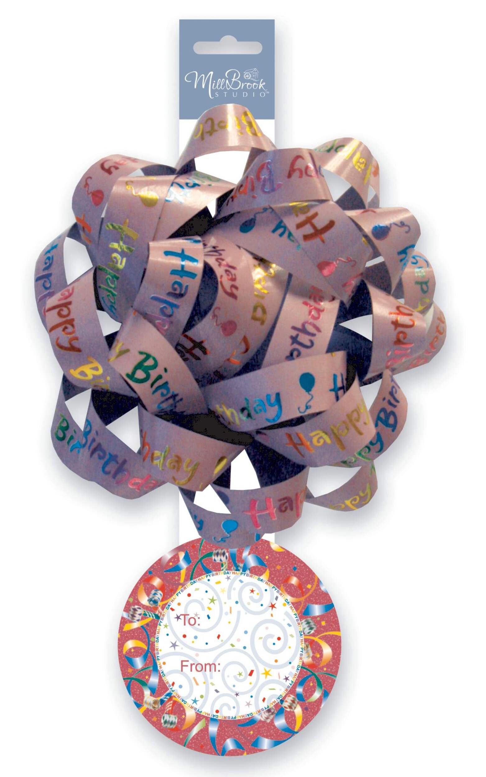 "Happy Birthday" Gift Wrapping Bow with Tag, Purple, 6-in, for Birthday Party Front_Flat