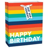 "Happy Birthday" Paper Gift Bag, Multi-Coloured, Striped, 13-in, for Birthday Party Front_Angled_Right