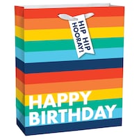 "Happy Birthday" Paper Gift Bag, Multi-Coloured, Striped, 13-in, for Birthday Party Front_Angled_Right