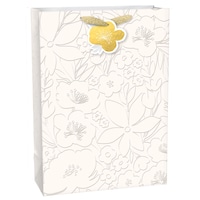 Paper Gift Bag, White/Gold, Floral, 17-in, for Wedding/Baby Shower Front_Angled_Right