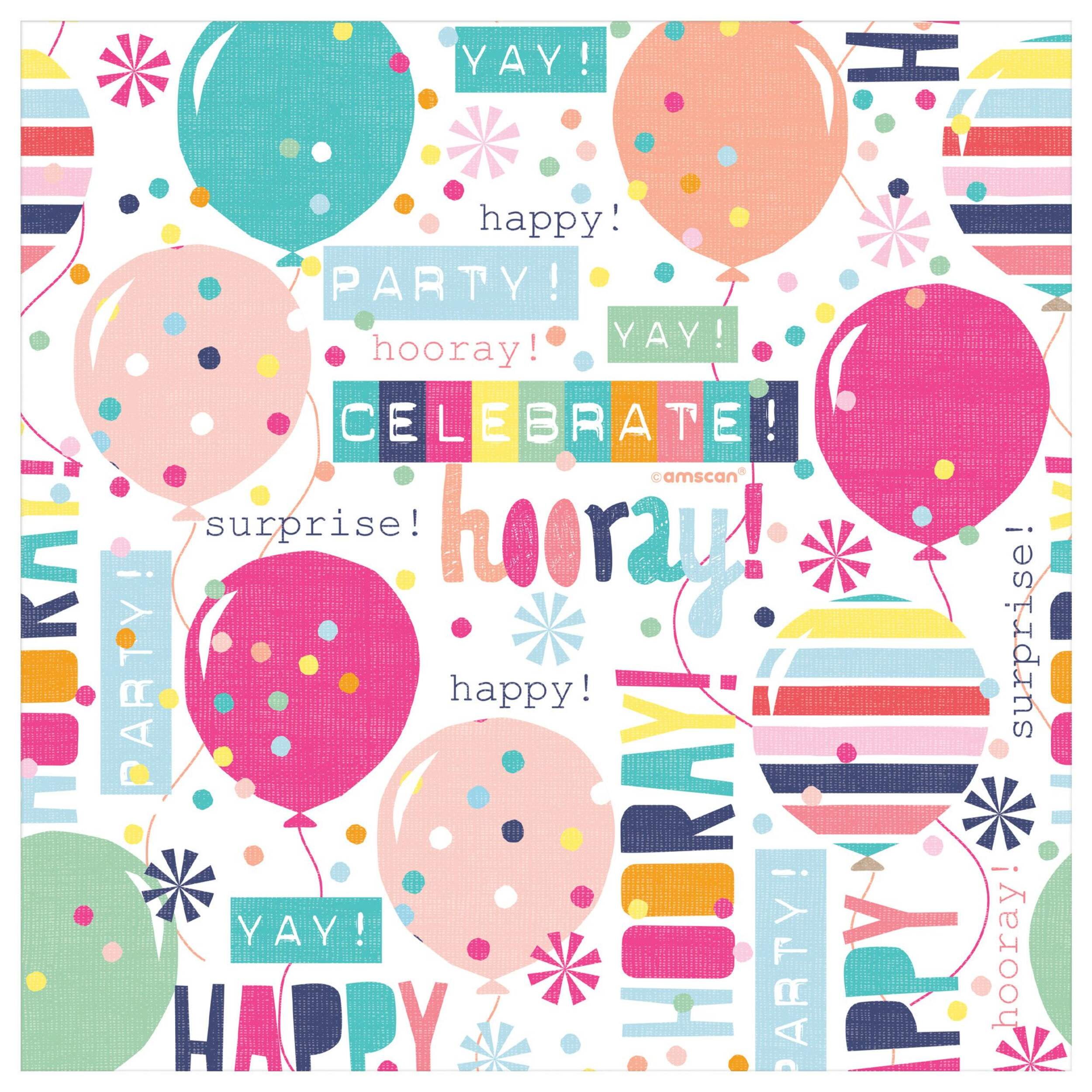 Papier d'emballage cadeau géant Happy Birthday, multicolore, ballons, 16 pi, pour fête d'anniversaire Front_Flat