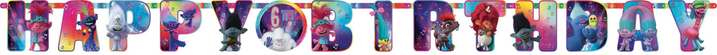 Trolls "Happy Birthday"  DIY Customizable Hanging Garland Banner Decoration, Multi-Coloured, 10.5-ft,  2-pk, for Birthday Party Front_Flat