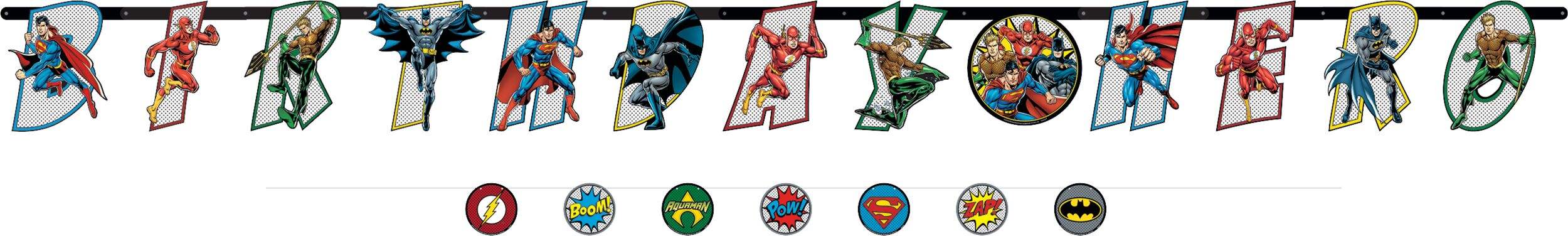 DC Justic League "Birthday Hero" Batman/Superman/Flash Hanging Garland Banner Decoration, Multi-Coloured, 10-ft,  2-pk, for Birthday Party Front_Flat