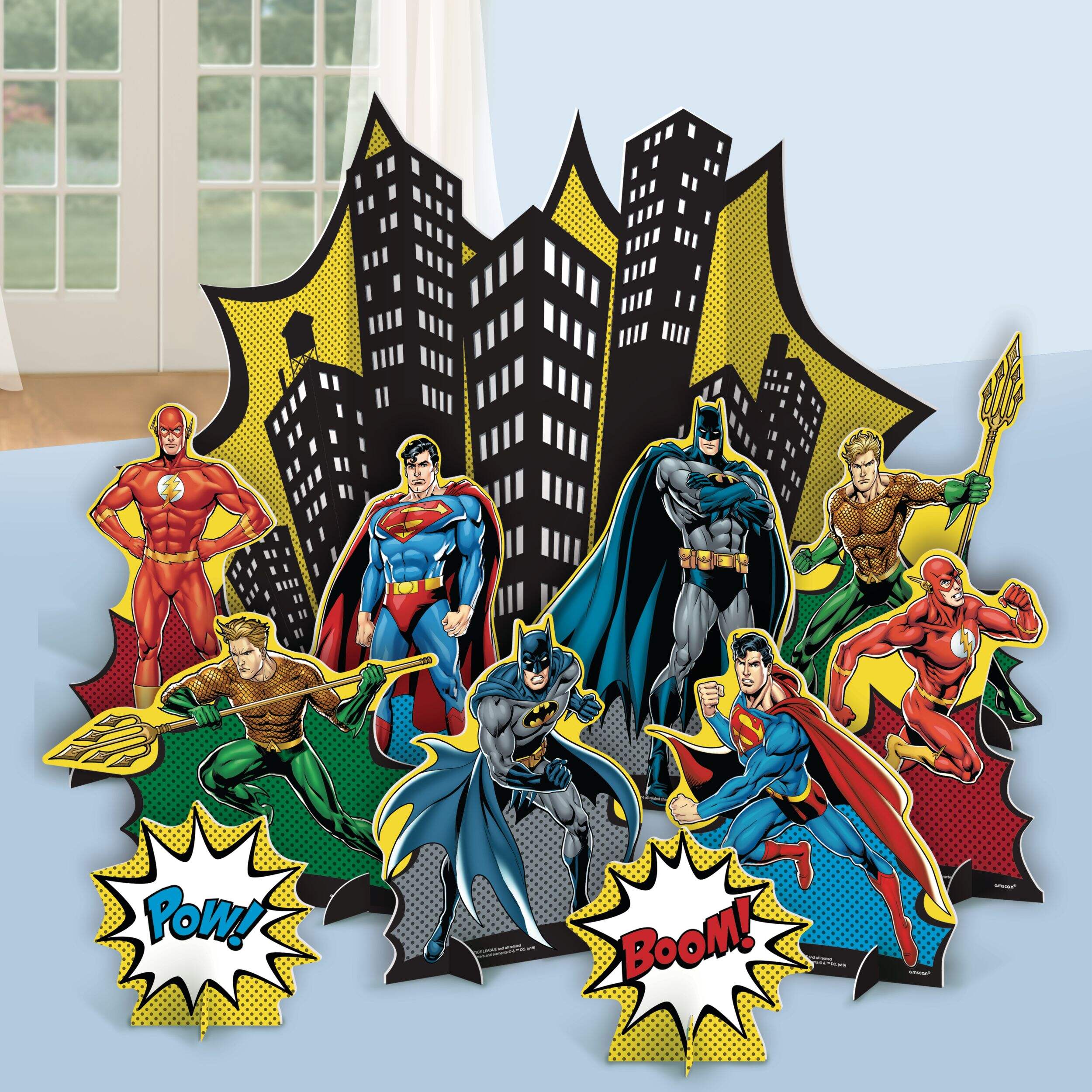 DC Justice League "Pow! Boom!" Superman/Batman/Flash Table Decorating Kit Centerpieces, Multi-Coloured, 13.5-in, 4-pk, for Birthday Party Composite_or_Mixed