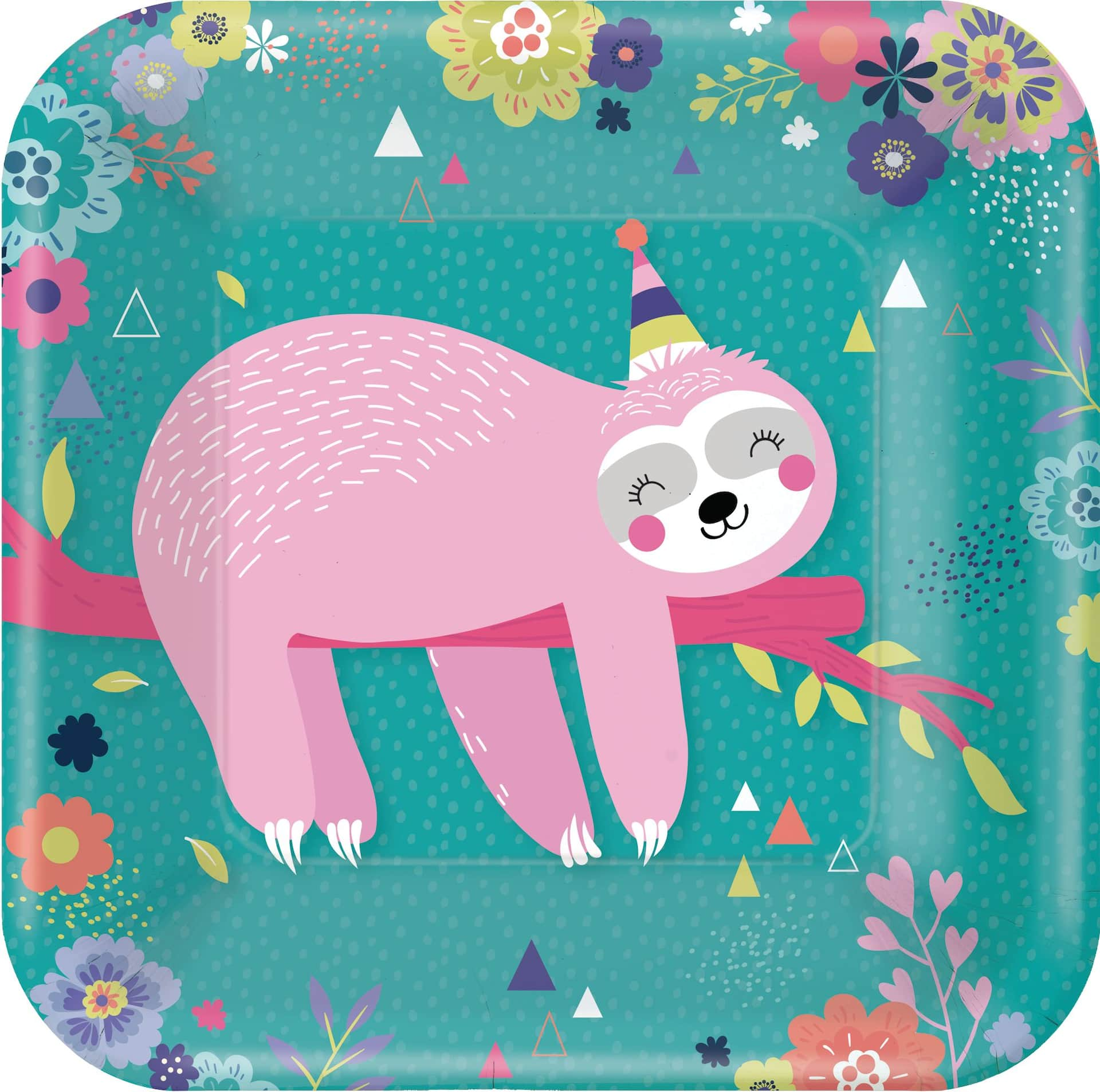 Sloth Square Paper Disposable Lunch Plates,blue Pink, 9-in, 8-pk, For 