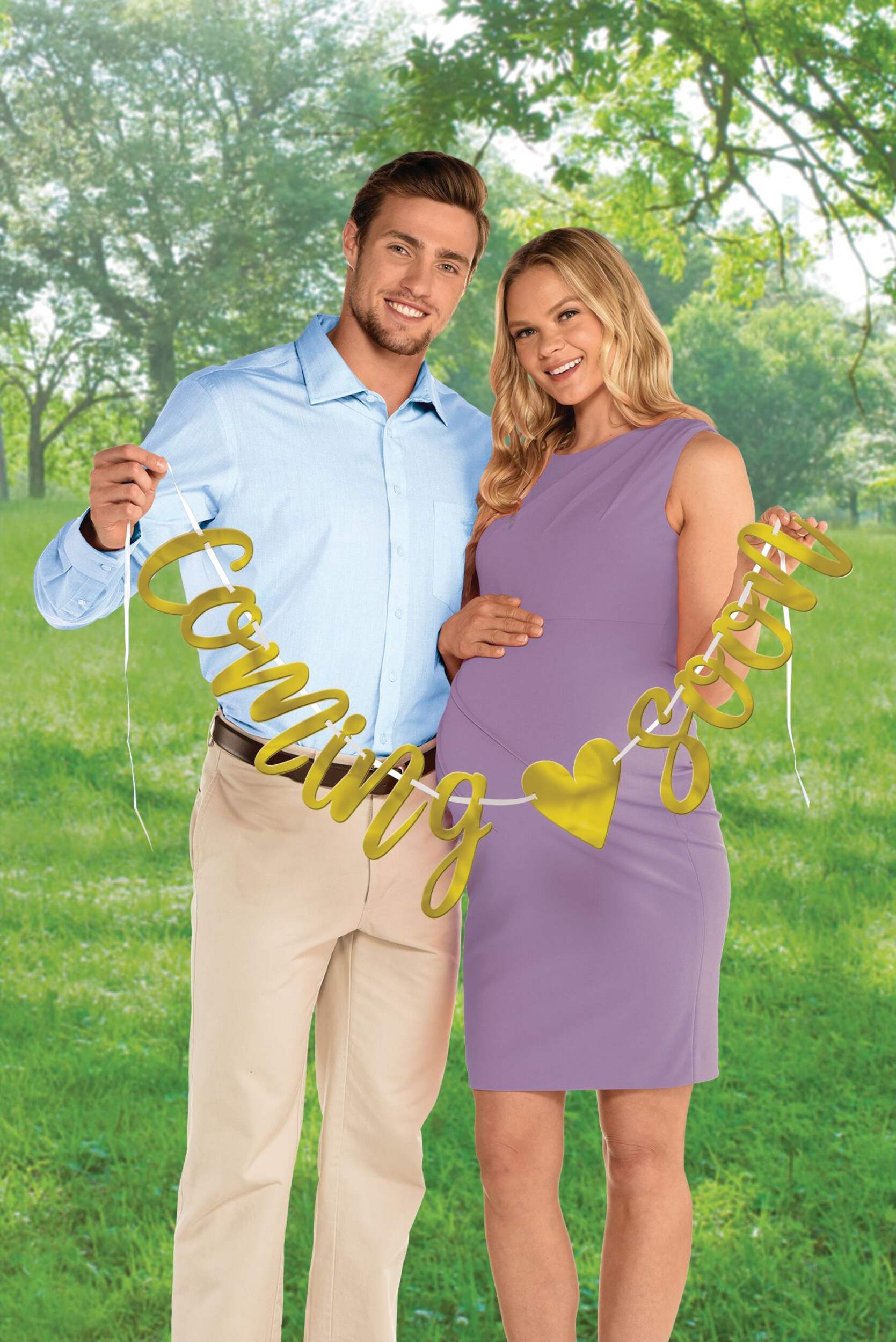 Coming Soon Foil Hanging Garland Banner Decoration, Gold, 12-ft, for Baby Shower Decoration Front_Flat