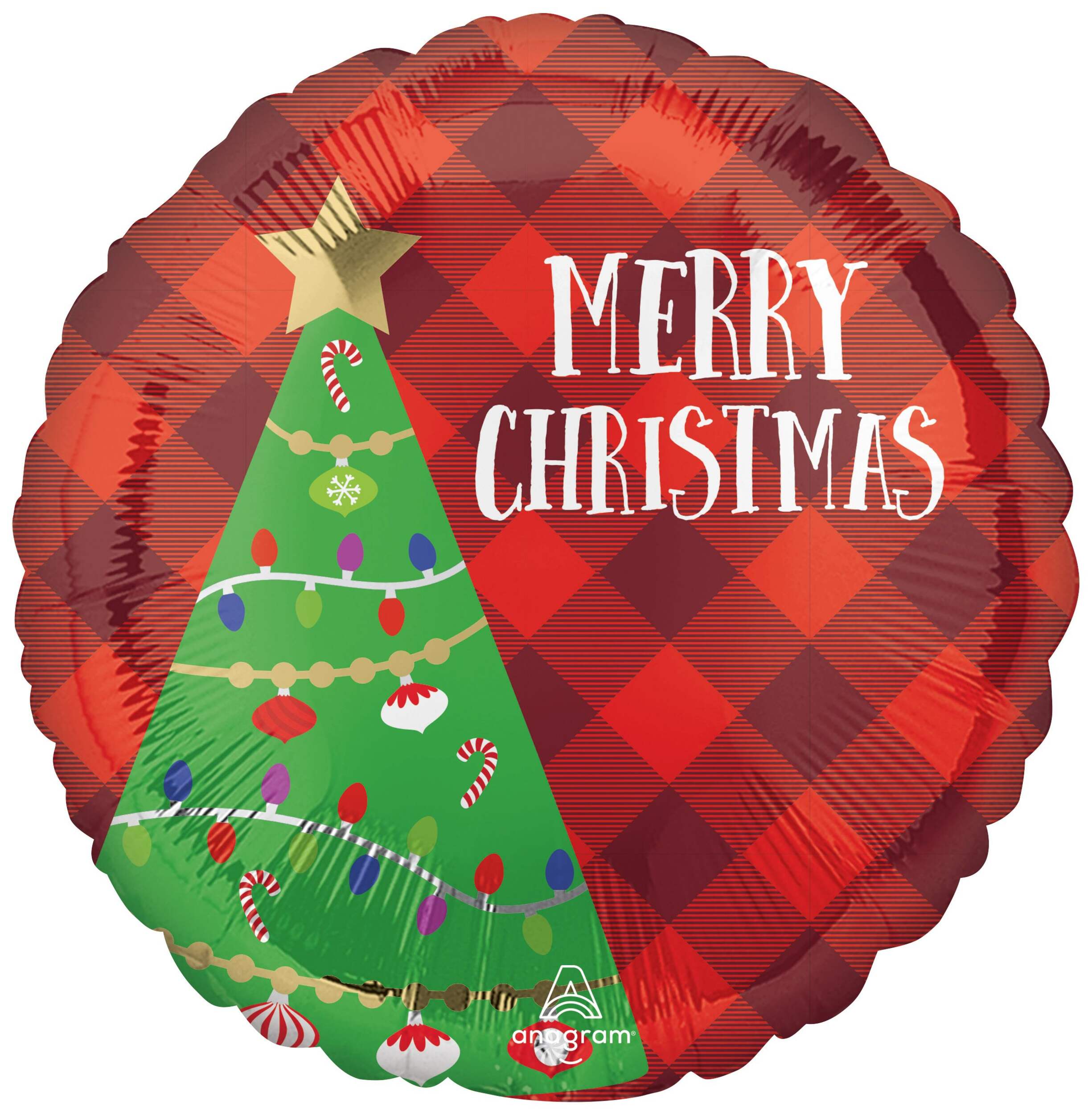 Round Satin Foil Balloon, Red/Green, Plaid, 18-in, Helium Inflation & Ribbon Included for Christmas Front_Flat