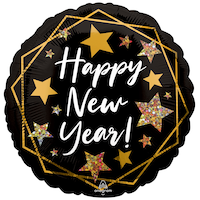 Ballon en aluminium satiné rond Happy New Year, noir/or, étoiles, 18 po, ruban et gonflage hélium compris, pour veille du jour de l'An Front_Flat
