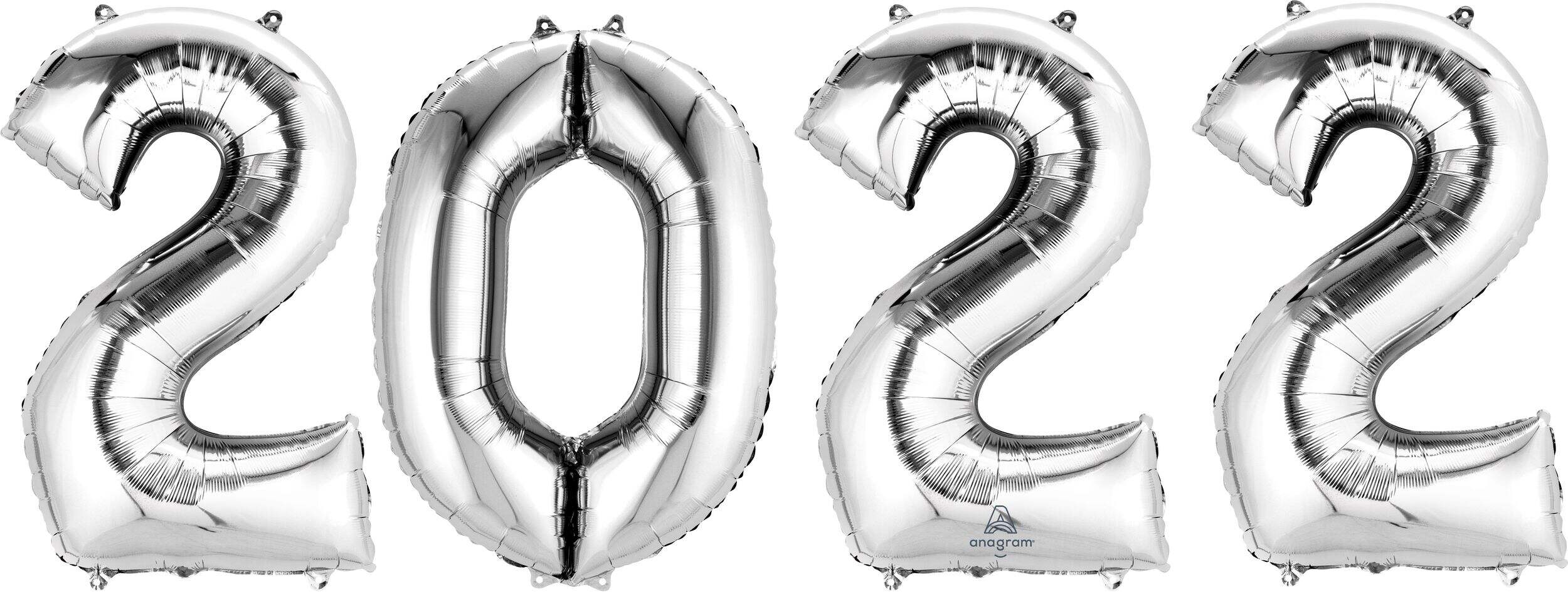 "2022" Numbers Satin Number Bunch Foil Balloon, Silver, 34-in, 4-pk, Helium Inflation & Ribbon Included for New Year's Eve/Graduation Front_Flat