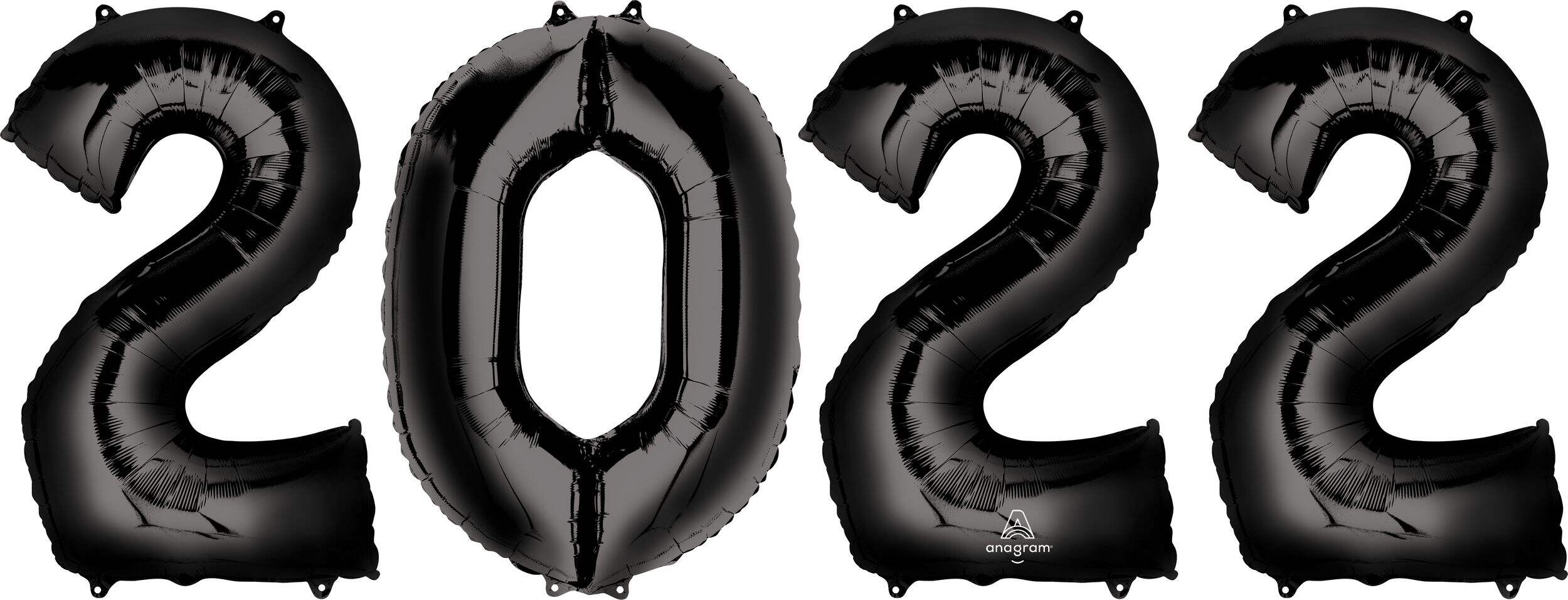 "2022" Numbers Satin Number Bunch Foil Balloon, Black, 34-in, 4-pk, Helium Inflation & Ribbon Included for New Year's Eve/Graduation Front_Flat