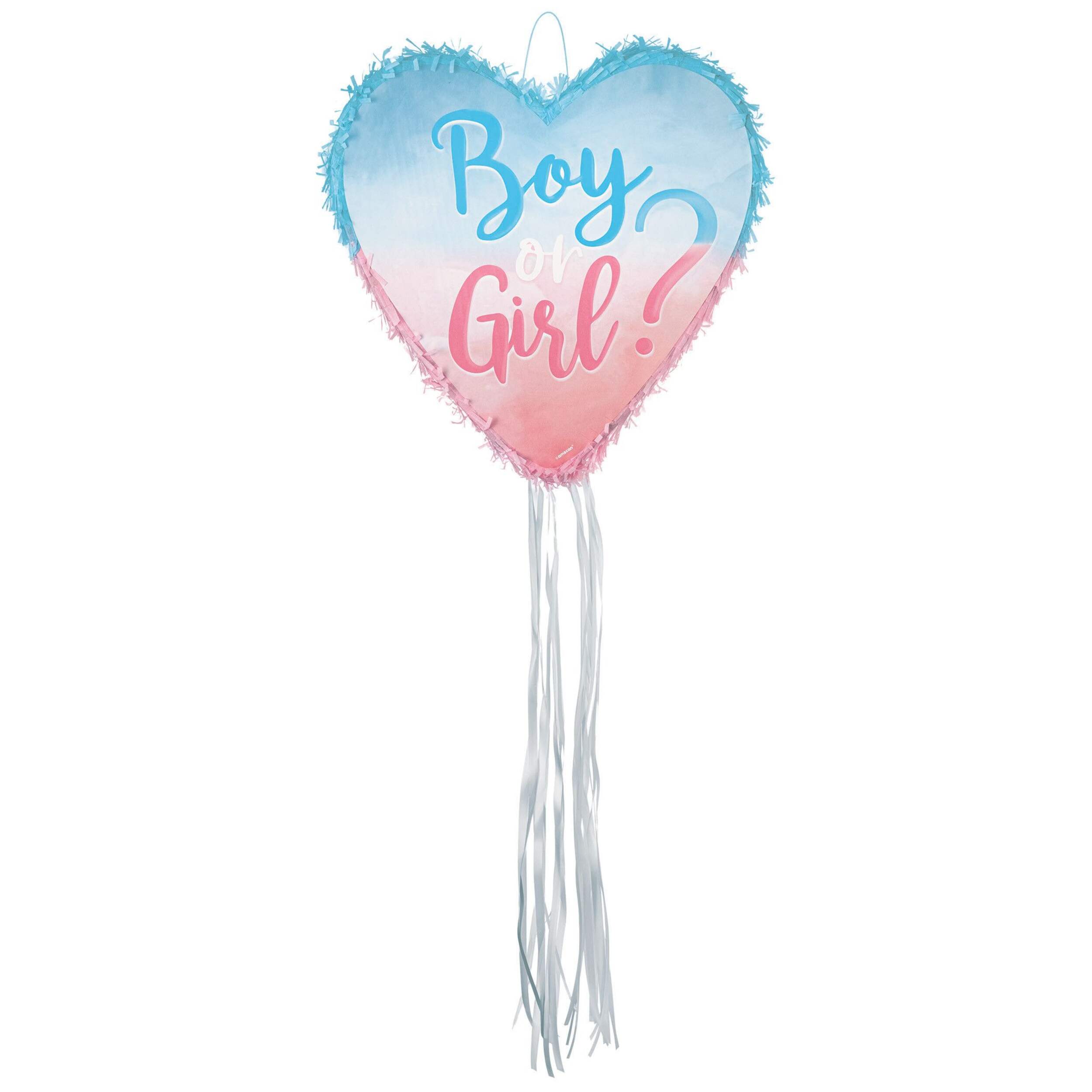 "Boy or Girl?" Heart Pinata Hanging Pull String Decoration, Blue/Pink