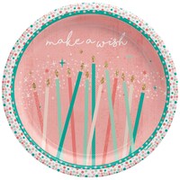 Happy Cake Day "Make a Wish" Round Paper Disposable Dessert Plates, Pink, Candles, 7-in, 8-pk, for Birthday Party Overhead_Flat