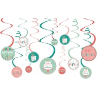 Happy Cake Day "Happy Birthday" Swirl Hanging Decorations, Blue/Pink, 10-in, 12-pk, for Birthday Party Front_Flat