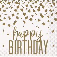 "Happy Birthday" Square Paper Disposable Beverage Napkins, White/Gold, Confetti, 5-in, 16-pk, 2-ply, for Birthday Party Front_Flat