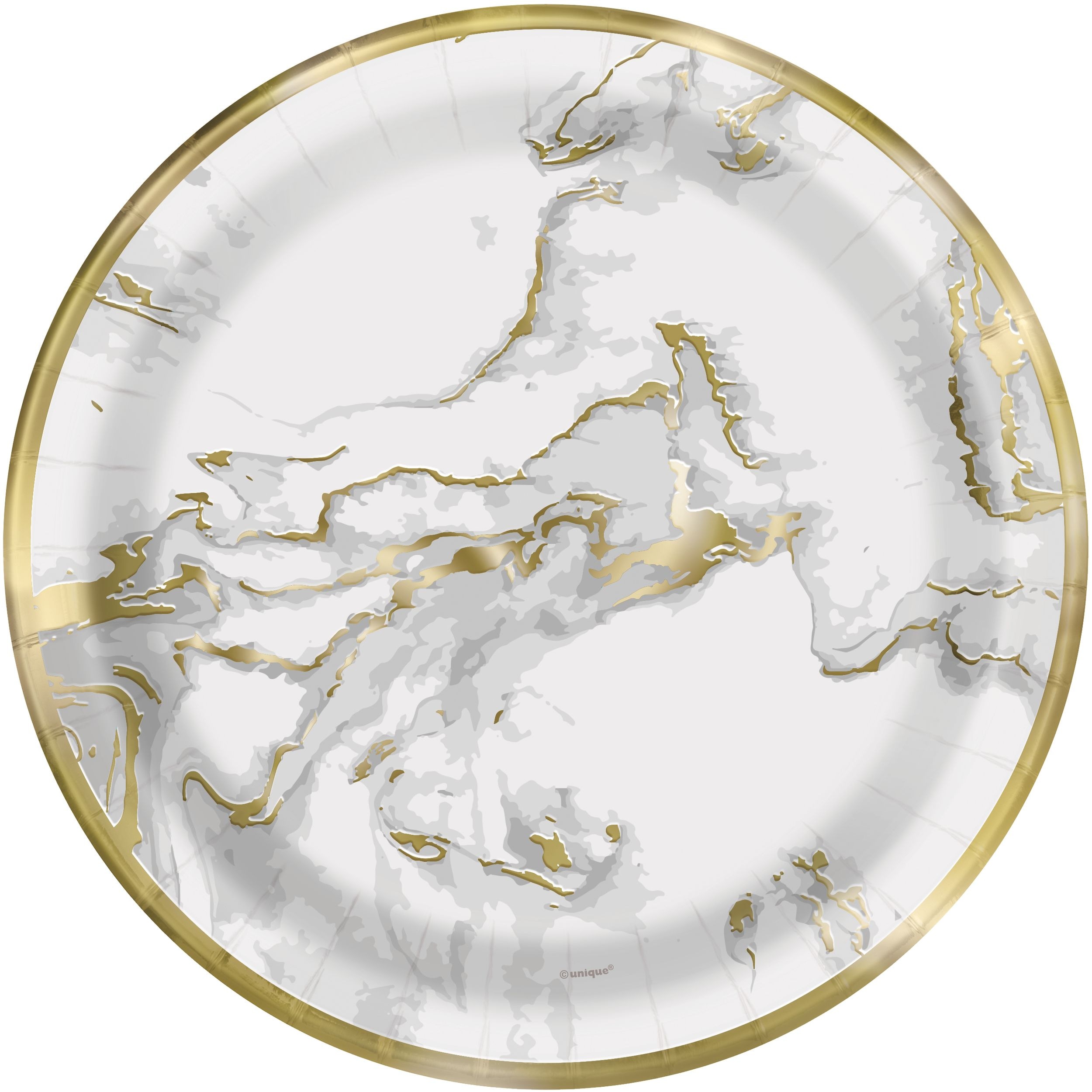 Round Paper Disposable Lunch Plates, White/Gold, Marble, 9in, 10pk