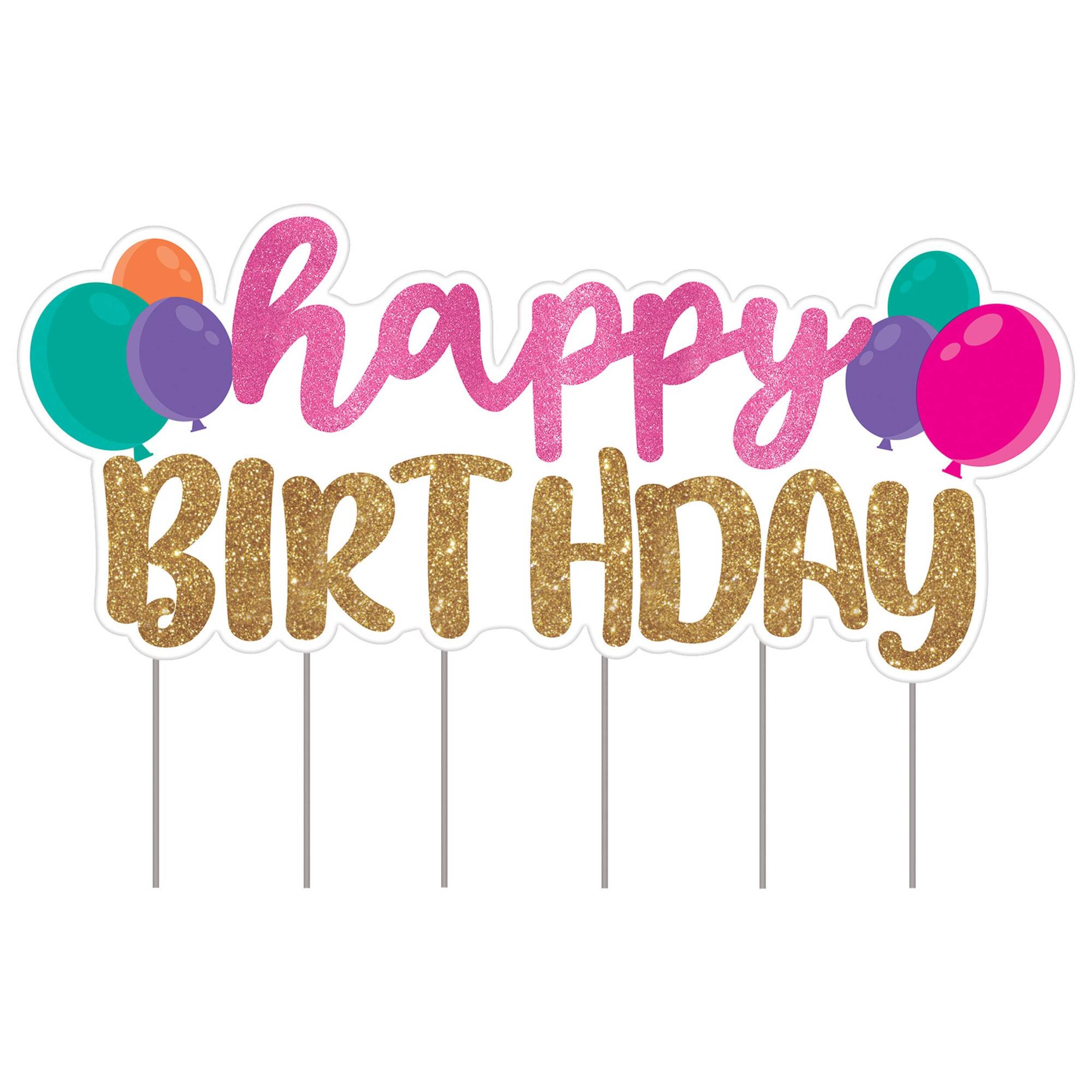 "Happy Birthday" Outdoor Yard Stake Sign Decoration, Pink/Gold, 37-in, for Birthday Party Front_Flat