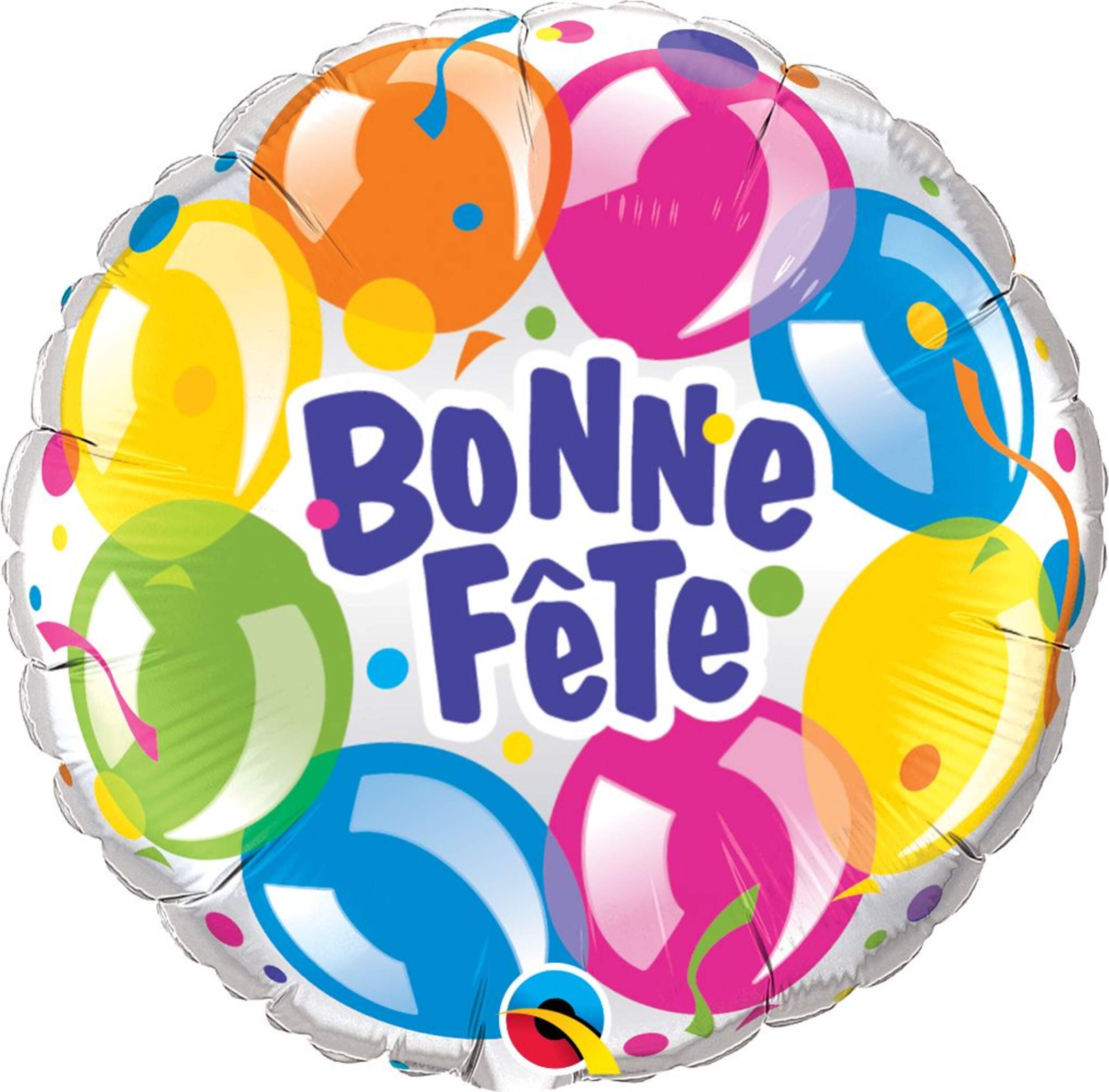 "Bonne Fête" French Round Satin Foil Balloon, Silver/Multi-Coloured, 18-in, Helium Inflation & Ribbon Included for Birthday Party Front_Flat