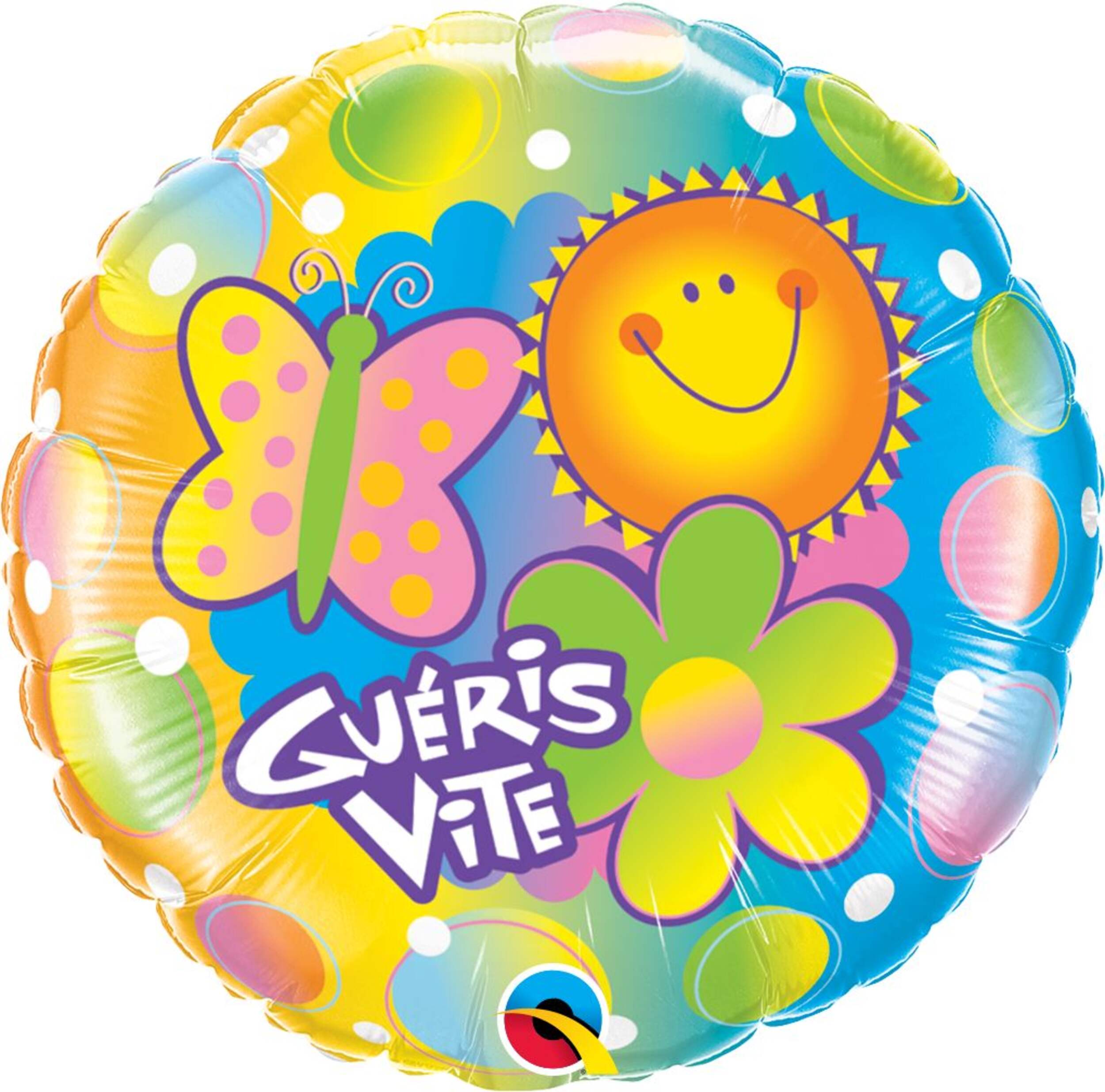 Butterfly & Sun "Guéris Vite" French Round Satin Foil Balloon, Multi-Coloured, Polka Dot, 18-in, Helium Inflation & Ribbon Included Front_Flat
