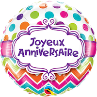 "Joyeux Anniversaire" French Round Satin Foil Balloon, Multi-Coloured, Polka Dot, 18-in, Helium Inflation & Ribbon Included for Birthday Party Front_Flat
