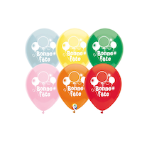 Ballons en latex ronds français Bonne Fête, bleu/jaune/vert/rose/orange/rouge, 12 po, paq. 8, pour fête d'anniversaire Front_Flat