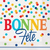 "Bonne Fête" French Square Paper Disposable Lunch Napkins, Multi-Coloured, Polka Dot, 6.5-in, 16-pk, 2-ply, for Birthday Party Front_Flat