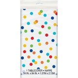 Rectangle Plastic Reusable Table Cover, White/Multi-Coloured, Polka Dot, 54x108-in, for Birthday Party Front_Flat