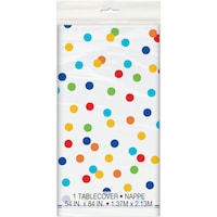 Rectangle Plastic Reusable Table Cover, White/Multi-Coloured, Polka Dot, 54x108-in, for Birthday Party Front_Flat