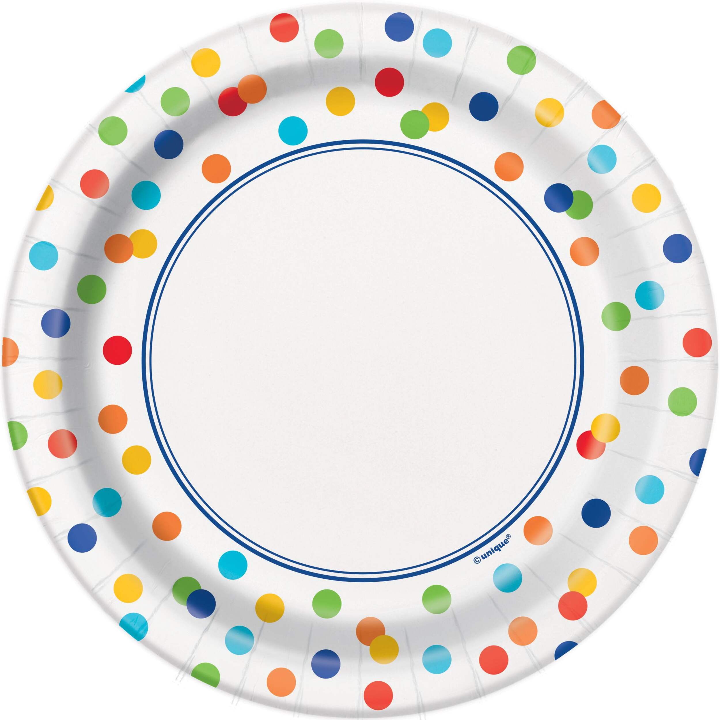 Round Paper Disposable Dessert Plates, Multi-Coloured, Polka Dot, 7-in, 8-pk, for Birthday Party Overhead_Flat