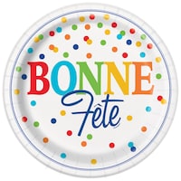 "Bonne Fête" French Paper Disposable Cups, White/Multi-Coloured,  Polka Dot, 9-oz, 8-pk, for Birthday Party Overhead_Flat
