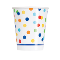 Plastic Reusable Cups, White/Multi-Coloured, Polka Dot, 16-oz, 8-pk, for Birthday Party Front_Flat