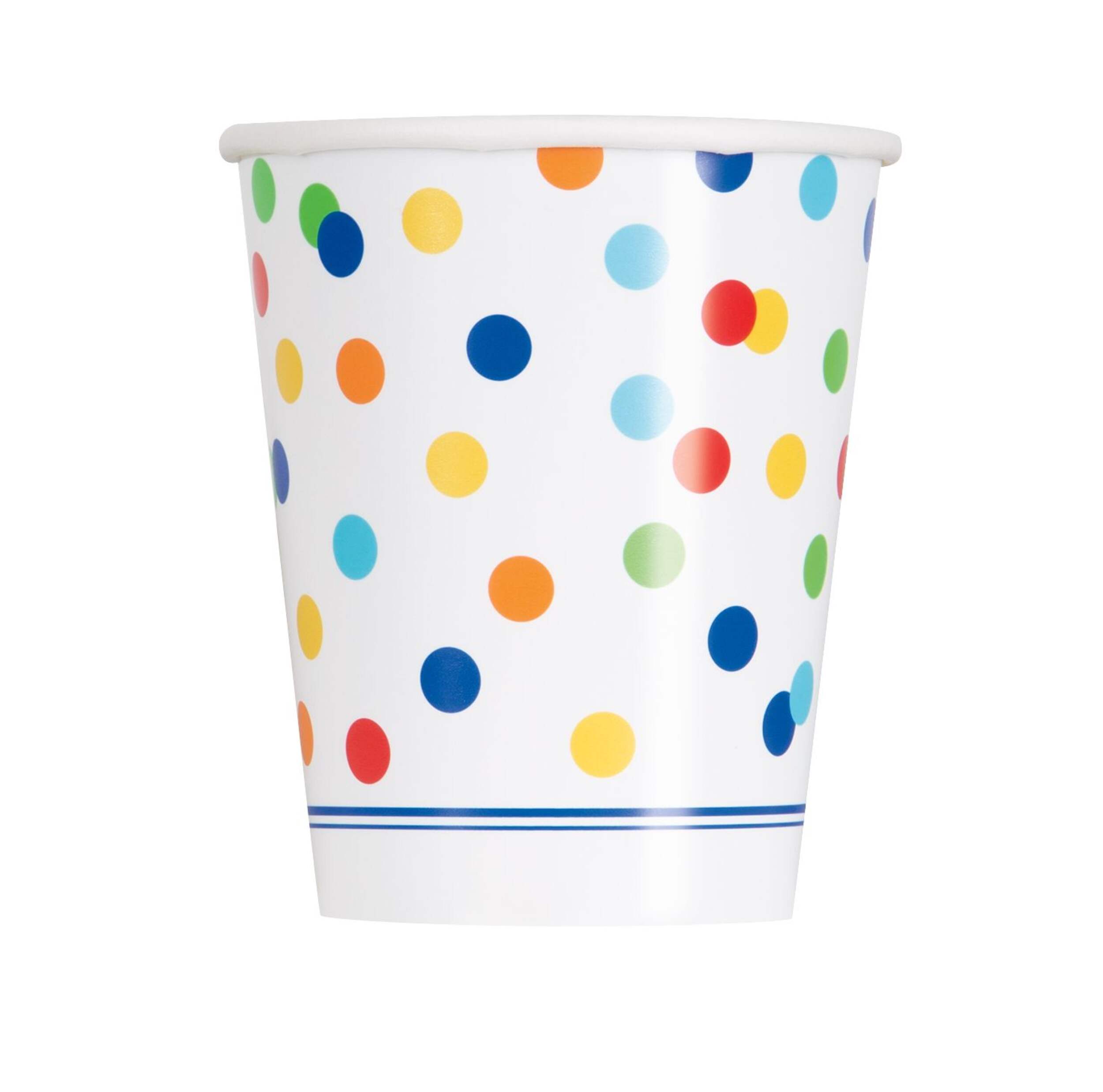 Plastic Reusable Cups, White/Multi-Coloured, Polka Dot, 16-oz, 8-pk, for Birthday Party Front_Flat