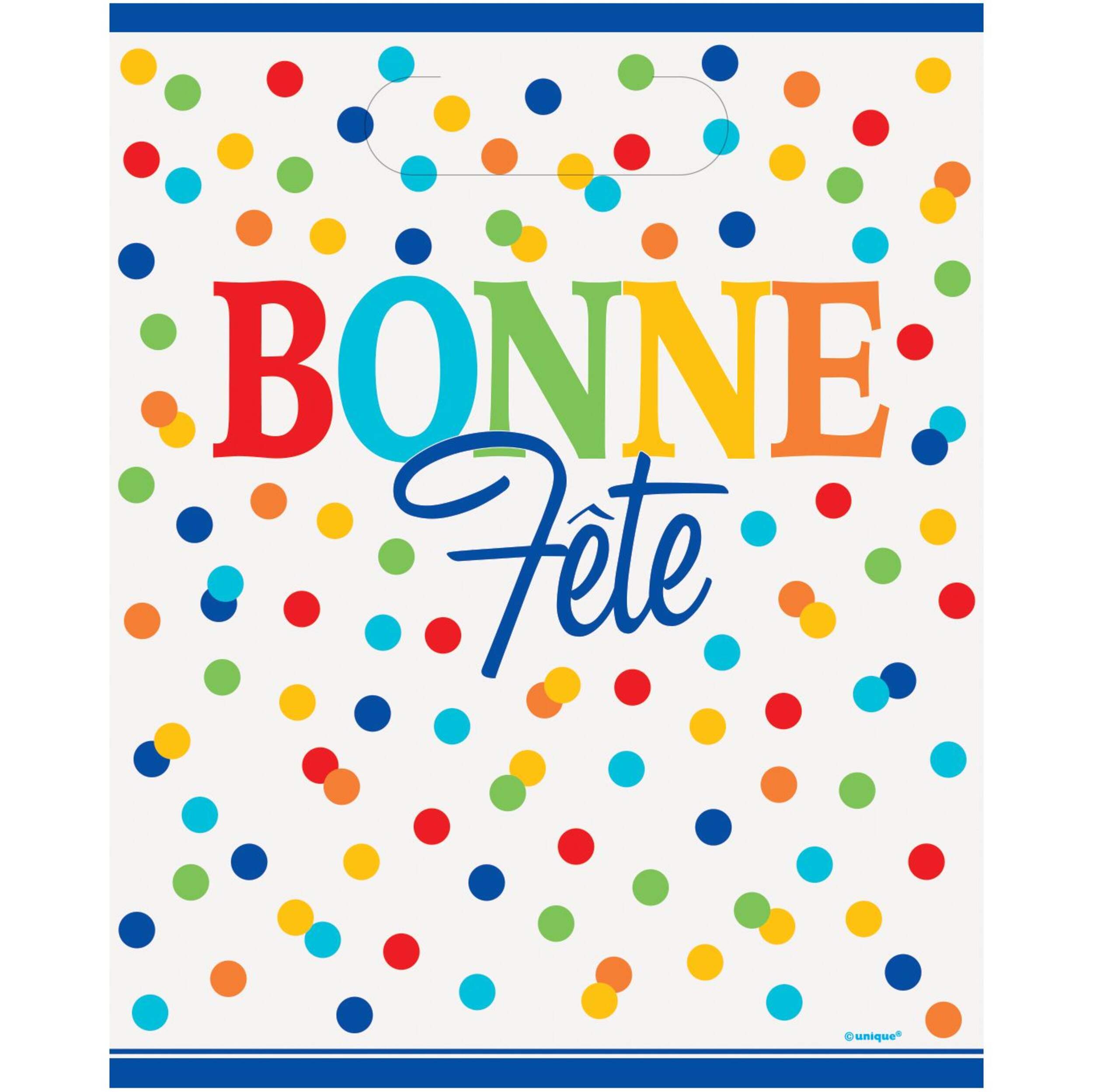 "Bonne Fête" French Paper Gift Bags, White/Multi-Coloured, Polka Dots, 9-in, 8-pk, for Birthday Party Front_Flat