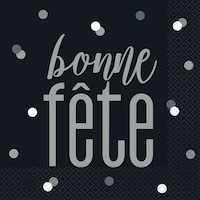 "Bonne Fête" French Square Paper Disposable Lunch Napkins, Black/Silver, Polka Dot, 6.5-in, 16-pk, 2-ply, for Birthday Party Front_Flat