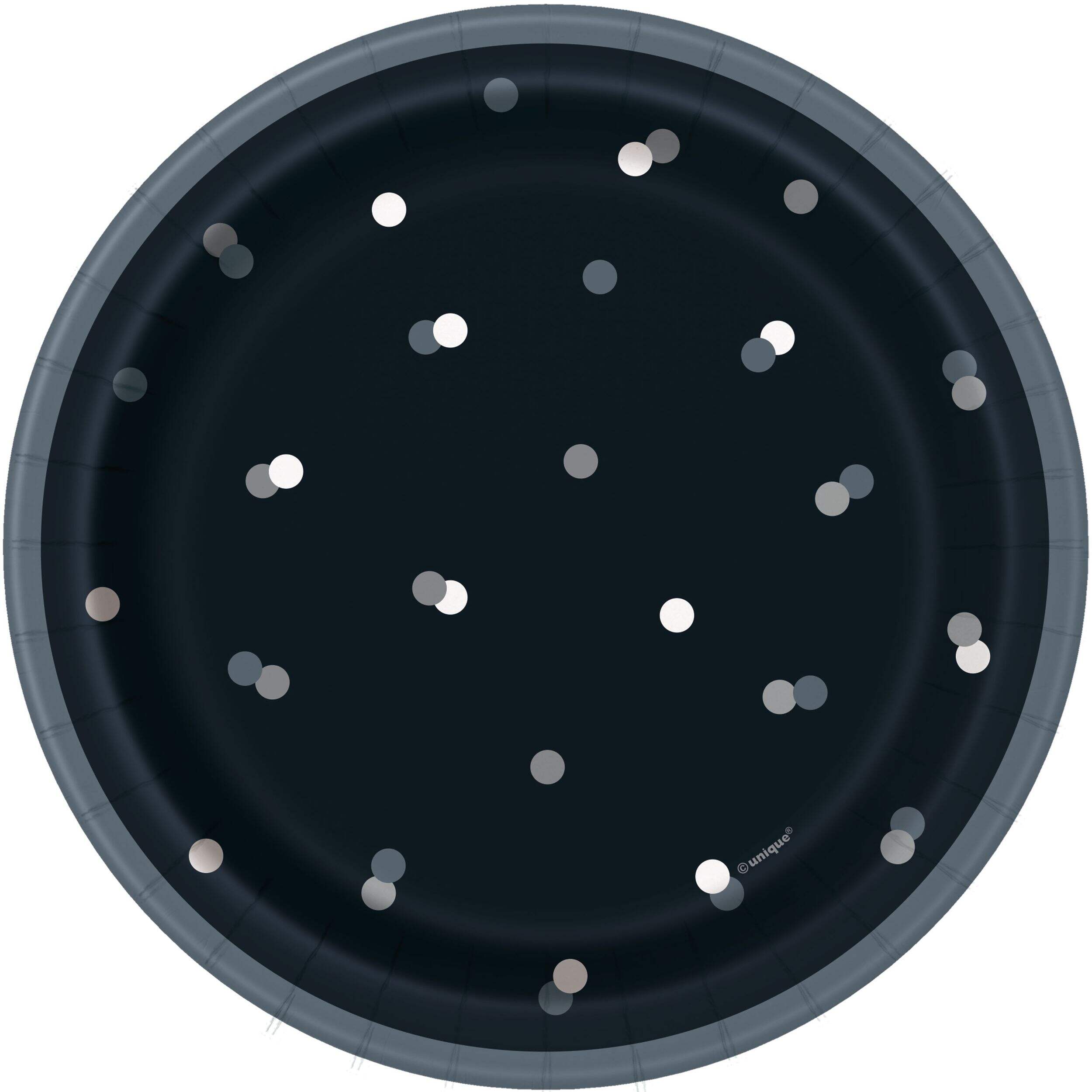 Round Paper Disposable Dessert Plates, Black/Silver, Polka Dot, 7-in, 8-pk, for New Year's Eve/Christmas/Birthday Party Overhead_Flat