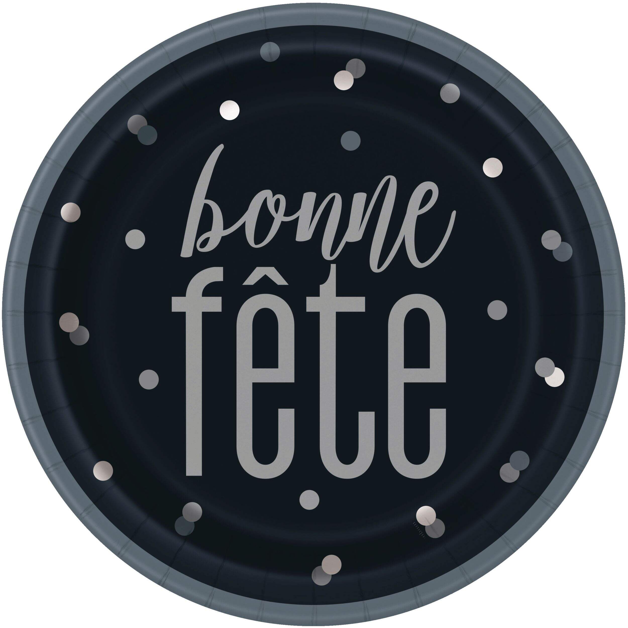 "Bonne Fête" French Round Paper Disposable Lunch Plates, Black/Silver, Polka Dot, 9-in, 8-pk, for Birthday Party Overhead_Flat