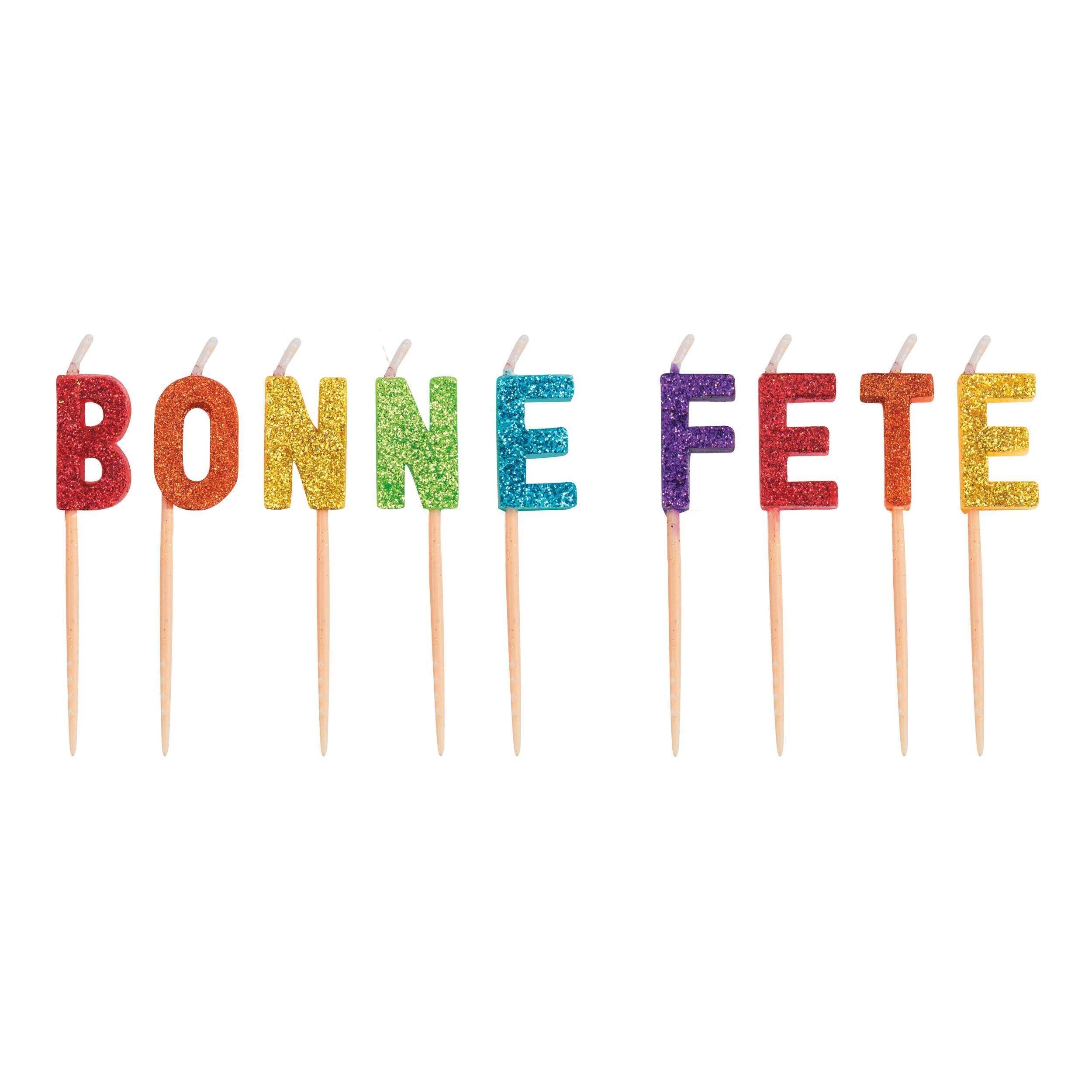 "Bonne Fete" French Letter Glitter Wax Candles, Multi-Coloured, 2.5-in, 9-pk, for Birthday Party Front_Flat