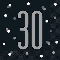 "30" Square Paper Disposable Lunch Napkins, Black/Silver, Polka Dot, 6.5-in, 16-pk, 2-ply, for Milestone Birthday Front_Flat