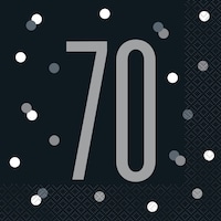 "70" Square Paper Disposable Lunch Napkins, Black/Silver, Polka Dot, 6.5-in, 16-pk, 2-ply, for Milestone Birthday Front_Flat
