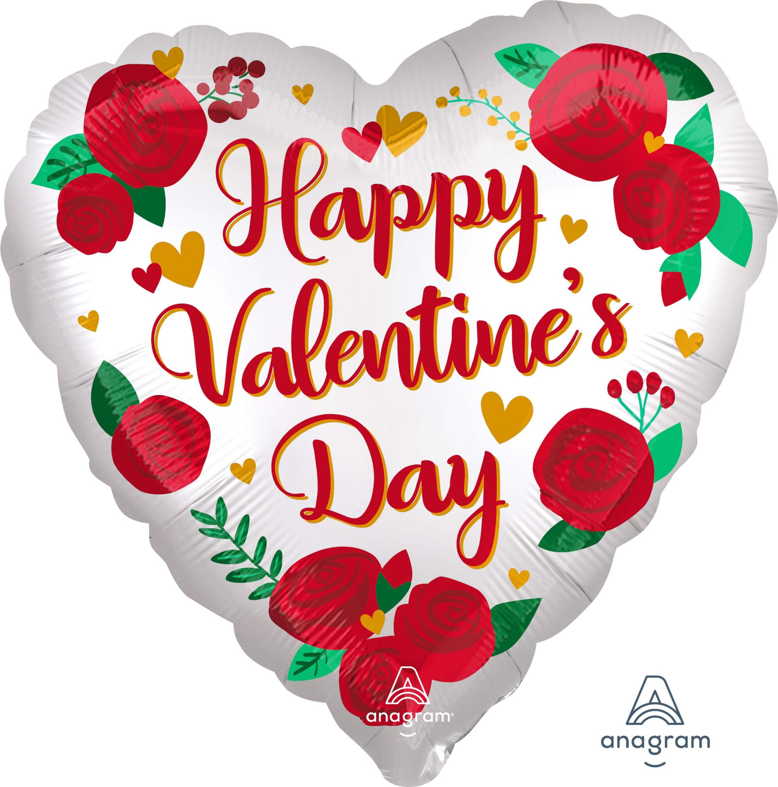 "Happy Valentine's Day" Heart Satin Foil Balloon, White/Red, Floral, 28-in, Helium Inflation & Ribbon Included for Valentine's Day Front_Flat