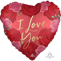 "I Love You" Heart Satin Foil Balloon, Red, Floral, 18-in, Helium Inflation & Ribbon Included for Valentine's Day/Anniversary Front_Flat