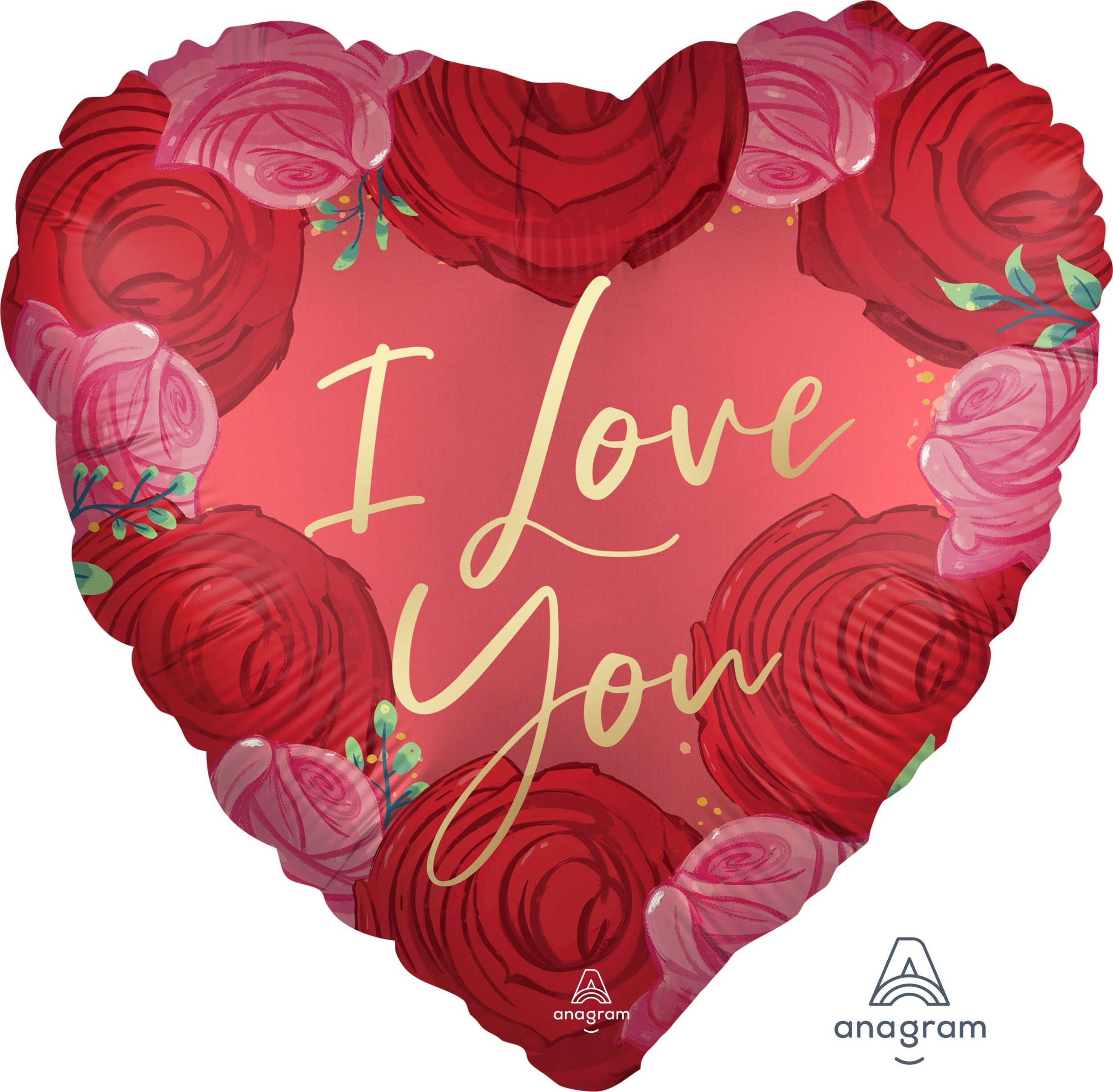 "I Love You" Heart Satin Foil Balloon, Red, Floral, 18-in, Helium Inflation & Ribbon Included for Valentine's Day/Anniversary Front_Flat